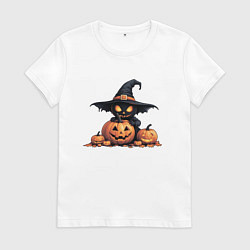 Женская футболка Черный призрак в ведьмовской шляпе сидит на тыкве