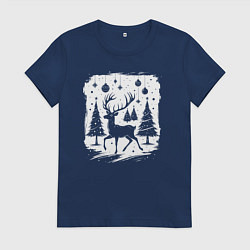 Футболка хлопковая женская Олень в новогоднем лесу, цвет: тёмно-синий