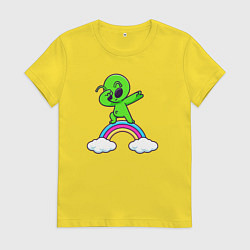 Футболка хлопковая женская Пришелец на радуге, цвет: желтый