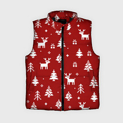 Женский жилет Новогодние олени и елки на красном фоне, цвет: 3D-черный