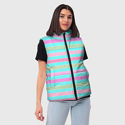 Женский жилет Pink turquoise stripes horizontal Полосатый узор, цвет: 3D-черный — фото 2