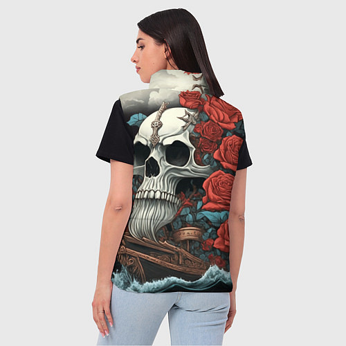 Женский жилет Череп викинга на корабле с розами в стиле тату ире / 3D-Черный – фото 4