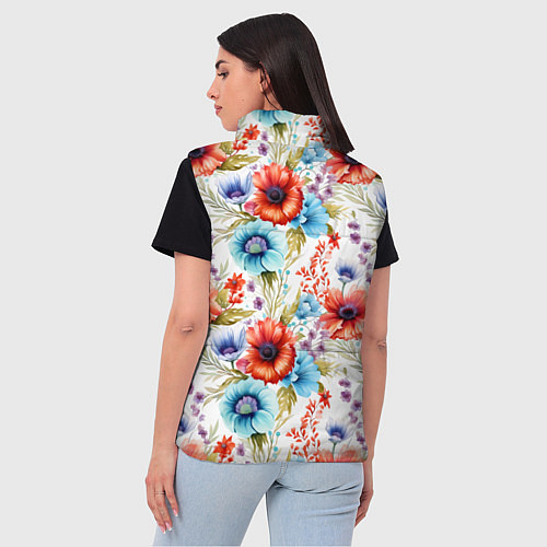 Женский жилет Синие и красные маки на белом - паттерн / 3D-Светло-серый – фото 4