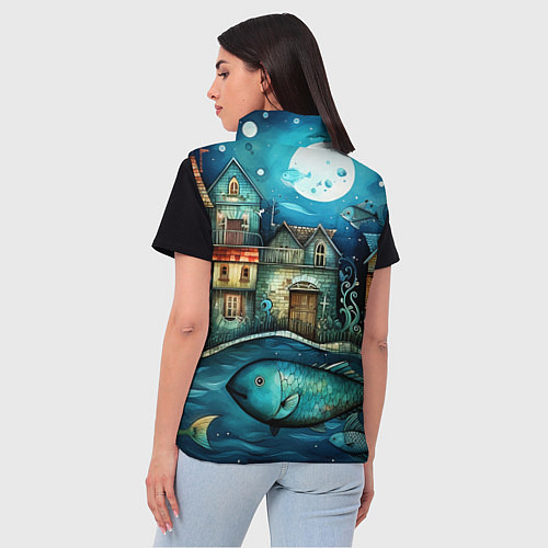 Женский жилет Сказочные рыбовы в стиле фолк-арт» / 3D-Черный – фото 4