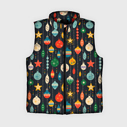 Женский жилет Новогодние ёлочные игрушки на черном фоне