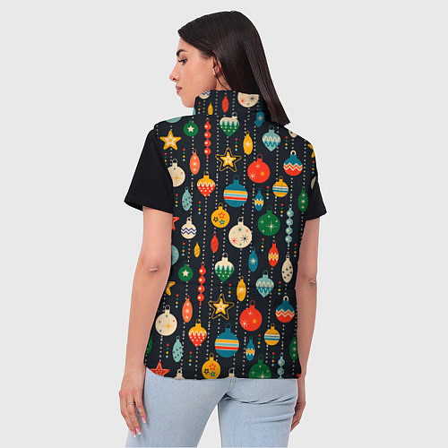 Женский жилет Новогодние ёлочные игрушки на черном фоне / 3D-Красный – фото 4