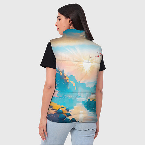 Женский жилет Японский город вдали и цветущая Сакура у реки / 3D-Черный – фото 4