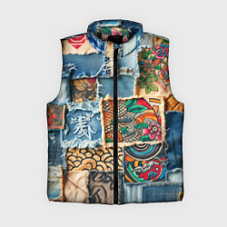 Женский жилет Японские мотивы на дениме, цвет: 3D-черный