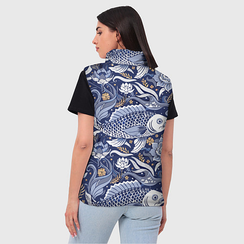 Женский жилет Рыба карп - синий корейский узор / 3D-Черный – фото 4
