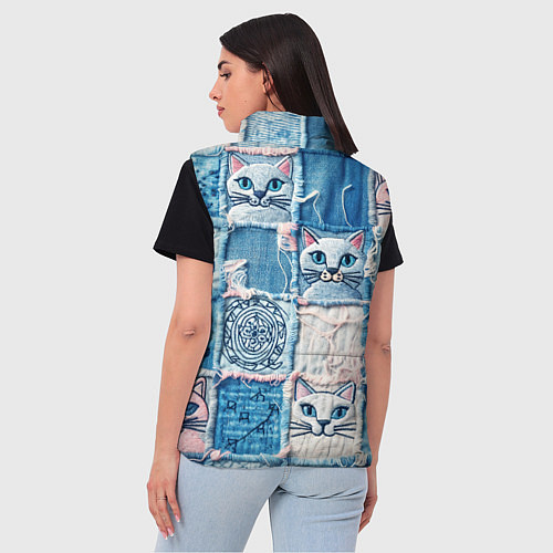 Женский жилет Кошки на пэчворк джинсах паттерн / 3D-Черный – фото 4