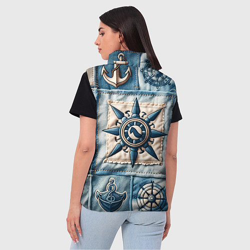 Женский жилет Пэчворк с якорем - джинсовка моряка / 3D-Черный – фото 4