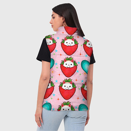 Женский жилет Котик клубничка и сердца узор / 3D-Красный – фото 4