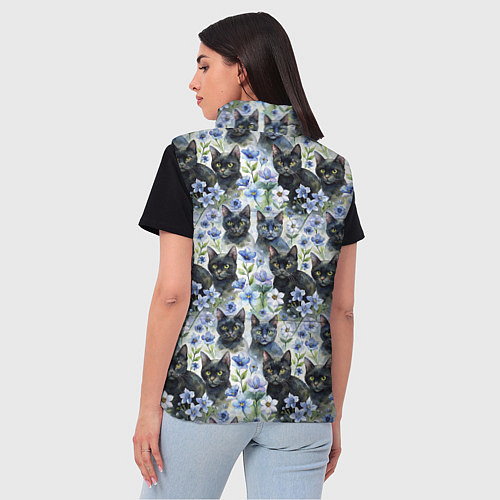 Женский жилет Черные коты в незабудках / 3D-Светло-серый – фото 4