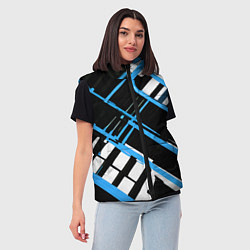 Женский жилет Сине-белые линии на чёрном фоне, цвет: 3D-красный — фото 2
