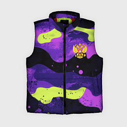 Женский жилет Черно-фиолетовый камуфляж и золотой герб РФ, цвет: 3D-красный