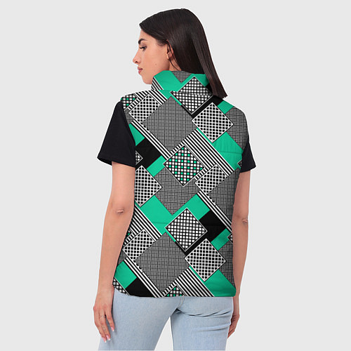 Женский жилет Черно бирюзовая абстрактная геометрия пэчворк / 3D-Черный – фото 4
