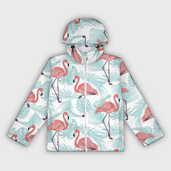 Ветровка с капюшоном женская Узор фламинго и тропических растений, цвет: 3D-белый