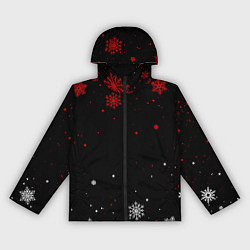 Ветровка с капюшоном женская КРАСНО БЕЛЫЕ СНЕЖИНКИ НА ЧЁРНОМ ФОНЕ, цвет: 3D-черный