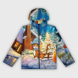 Ветровка с капюшоном женская Тигренок на фоне зимнего дома, цвет: 3D-черный