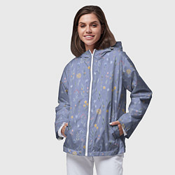 Ветровка с капюшоном женская Цветы растения акварелью на сиреневом фоне, цвет: 3D-белый — фото 2