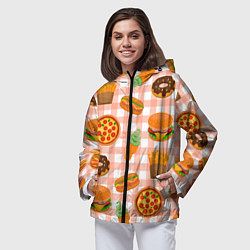 Ветровка с капюшоном женская PIZZA DONUT BURGER FRIES ICE CREAM pattern, цвет: 3D-черный — фото 2
