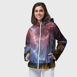 Ветровка с капюшоном женская Грозовые разряды молний над лесом, цвет: 3D-белый — фото 2