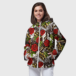 Ветровка с капюшоном женская Мафия - кастеты, гранаты, пистолеты и розы, цвет: 3D-белый — фото 2