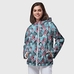 Ветровка с капюшоном женская Голубые тропические листья и цветы, цвет: 3D-белый — фото 2