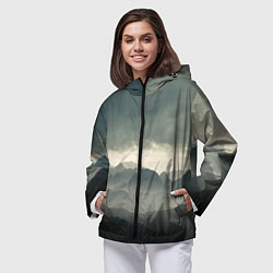 Ветровка с капюшоном женская Пасмурная погода в горах Пейзаж, цвет: 3D-черный — фото 2