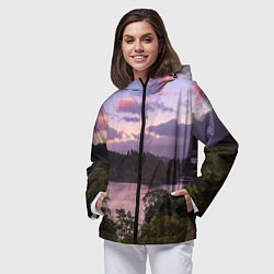 Ветровка с капюшоном женская Пейзаж вечерней реки и леса, цвет: 3D-черный — фото 2