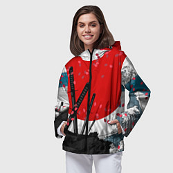 Ветровка с капюшоном женская Солнце, волны и катаны, цвет: 3D-черный — фото 2