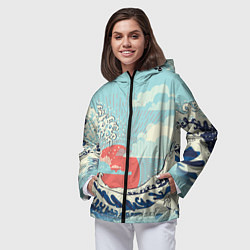 Ветровка с капюшоном женская Морской пейзаж с большими волнами на закате, цвет: 3D-черный — фото 2