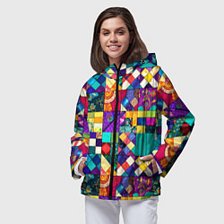 Ветровка с капюшоном женская Пэчворк - лоскутные узоры, цвет: 3D-черный — фото 2