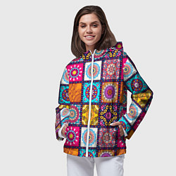 Ветровка с капюшоном женская Пэчворк - мандалы, цвет: 3D-белый — фото 2
