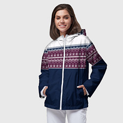 Ветровка с капюшоном женская Скандинавский орнамент на синем, бордовом фоне, цвет: 3D-белый — фото 2