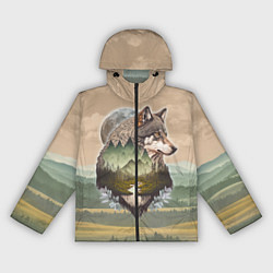 Ветровка с капюшоном женская Портрет волка в технике двойной экспозиции, цвет: 3D-черный