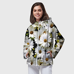 Ветровка с капюшоном женская Белые цветы ромашки - летний паттерн, цвет: 3D-белый — фото 2