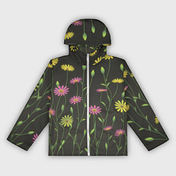 Ветровка с капюшоном женская Полевые цветочки на темном фоне, цвет: 3D-белый