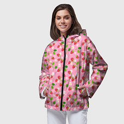 Ветровка с капюшоном женская Паттерн земляника и цветы, цвет: 3D-черный — фото 2