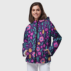 Ветровка с капюшоном женская Цветочный паттерн розовые ромашки, цвет: 3D-черный — фото 2