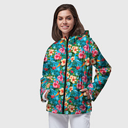 Ветровка с капюшоном женская Гавайские цветы паттерн, цвет: 3D-черный — фото 2