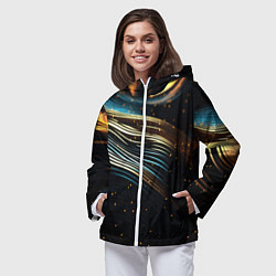 Ветровка с капюшоном женская Золотые волны на черном фоне, цвет: 3D-белый — фото 2