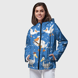 Ветровка с капюшоном женская Белые гуси и утки, цвет: 3D-черный — фото 2