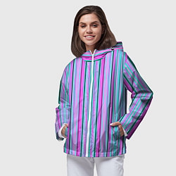 Ветровка с капюшоном женская Розово-голубой неновый полосатый узор, цвет: 3D-белый — фото 2