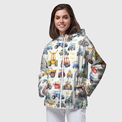 Ветровка с капюшоном женская Акварельные тракторы - детский паттерн, цвет: 3D-белый — фото 2