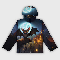 Ветровка с капюшоном женская Летучая мышка на фоне луны и замка, цвет: 3D-белый
