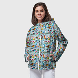 Ветровка с капюшоном женская Вязаные птички паттерн, цвет: 3D-белый — фото 2