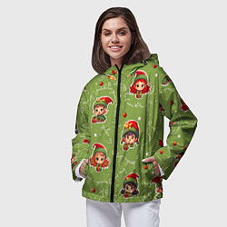 Ветровка с капюшоном женская Эльфы и новогодние фразы - паттерн, цвет: 3D-черный — фото 2