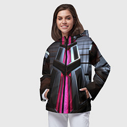 Ветровка с капюшоном женская Розовые неоновые вставки в черной конструкции, цвет: 3D-черный — фото 2