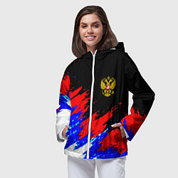 Ветровка с капюшоном женская Россия триколор герб краски, цвет: 3D-белый — фото 2